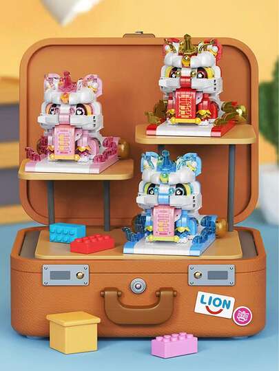 Chinese New Year Lion Dance, Wealth God, Money Tree, Cartoon Figurine, Assembling Building Blocks Doll, Building Blocks Decor, Stress Relief Building Blocks, Suitable For Desk, Dining Room Decor, Gift, Birthday Gift