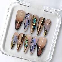 NailLush 10 PCS Handmade Stiletto Press-On Nails | Y2K Luxe Art Style In Nude & Gold With 3D Abalone Shell & Rhinestone Embellishments, Bold Reusable Nail Art For Girls & Women - 彩色 - 查看 8