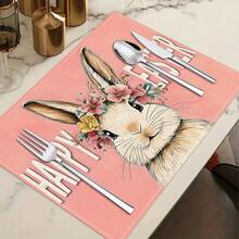 1/4/6 piezas Serie de Pascua, Un conejo con corona de flores rosas y amarillas y patrón de texto artístico blanco impreso en individual/mantel, tela de lino, lavable a mano - Adecuado para mesa de comedor, cocina, fiesta, decoración del hogar, cumpleaños, decoración de boda - Multicolor - Ver 8