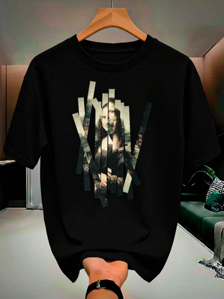 Mona Lisa Artwork In Strips T-Shirt, 100% Cotton, Men's And Women's Unisex, Premium Shirt - 黑色 - 查看 1