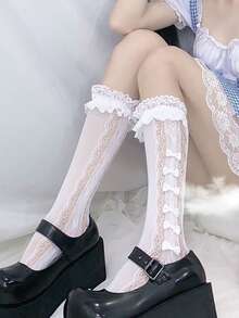 2双随机款式洛丽塔风格甜美蕾丝荷叶边蝴蝶结过膝袜（女款） - 彩色 - 查看 5
