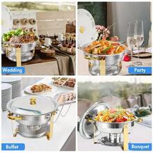 5QT 4 Packs Chafing Dish Buffet Set Gold Accent,  Round 316 Stainless Steel Buffet Warmer Chafers And Warmers Sets With Glass Lid & Lid Holder For Valentine's Day Gatherings Catering Events Parties Weddings Dinners - 半鍍金鋼蓋帶梅花夾 - 查看 6