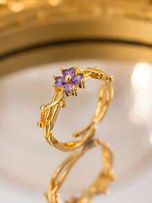 1 pieza Anillo floral de trébol hueco y delicado, elegante anillo abierto de cobre con diamante incrustado, adecuado para uso diario, fiestas, reuniones, citas, regalos festivos, regalos de joyería, regalos diarios de las mujeres - Multicolor - Ver 8