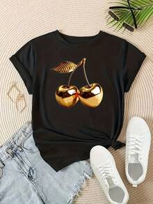 T-shirt à manches courtes décontracté pour femmes, col rond, imprimé fraise. Top pour femmes en tissu tricoté doux et respirant. Longueur régulière, lavable en machine. T-shirt à manches courtes polyvalent pour la saison. - Noir - Voir 6