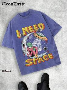 NeonDrift Halloween, Christmas, Thanksgiving Gifts-Alien UFO Graphic T-Shirt: Bold Cosmic Design For Sci-Fi Enthusiasts - Perfect For Festival Wear And  Outfits - 寶藍色 - 查看 1