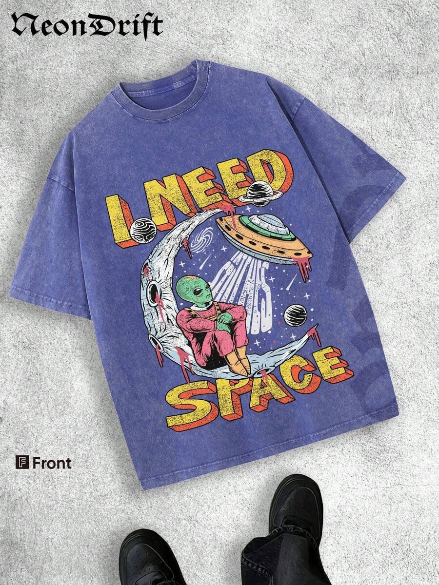 NeonDrift Halloween, Christmas, Thanksgiving Gifts-Alien UFO Graphic T-Shirt: Bold Cosmic Design For Sci-Fi Enthusiasts - Perfect For Festival Wear And Outfits - 寶藍色 - 查看 1