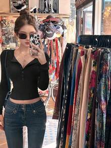 Sexy V-Neck Long Sleeve Fitted T-Shirt, Crop Top Black Spring - Black - View 3