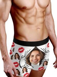 1 Pc Custom Men's Boxer Briefs, Personalized Face Customization, Printed With Christmas Elements Such As Snowflakes And Christmas Trees, As Well As Customizable Character Patterns. Personalized Photo Men's Boxer Shorts, Sweet And Romantic Long Men's Underwear, A Gift For Your Beloved, Anniversary Gift, Wedding Gift, Couple Gift, Best Friend Gift, Boyfriend/Husband/His Gift - 白色 - 查看 6