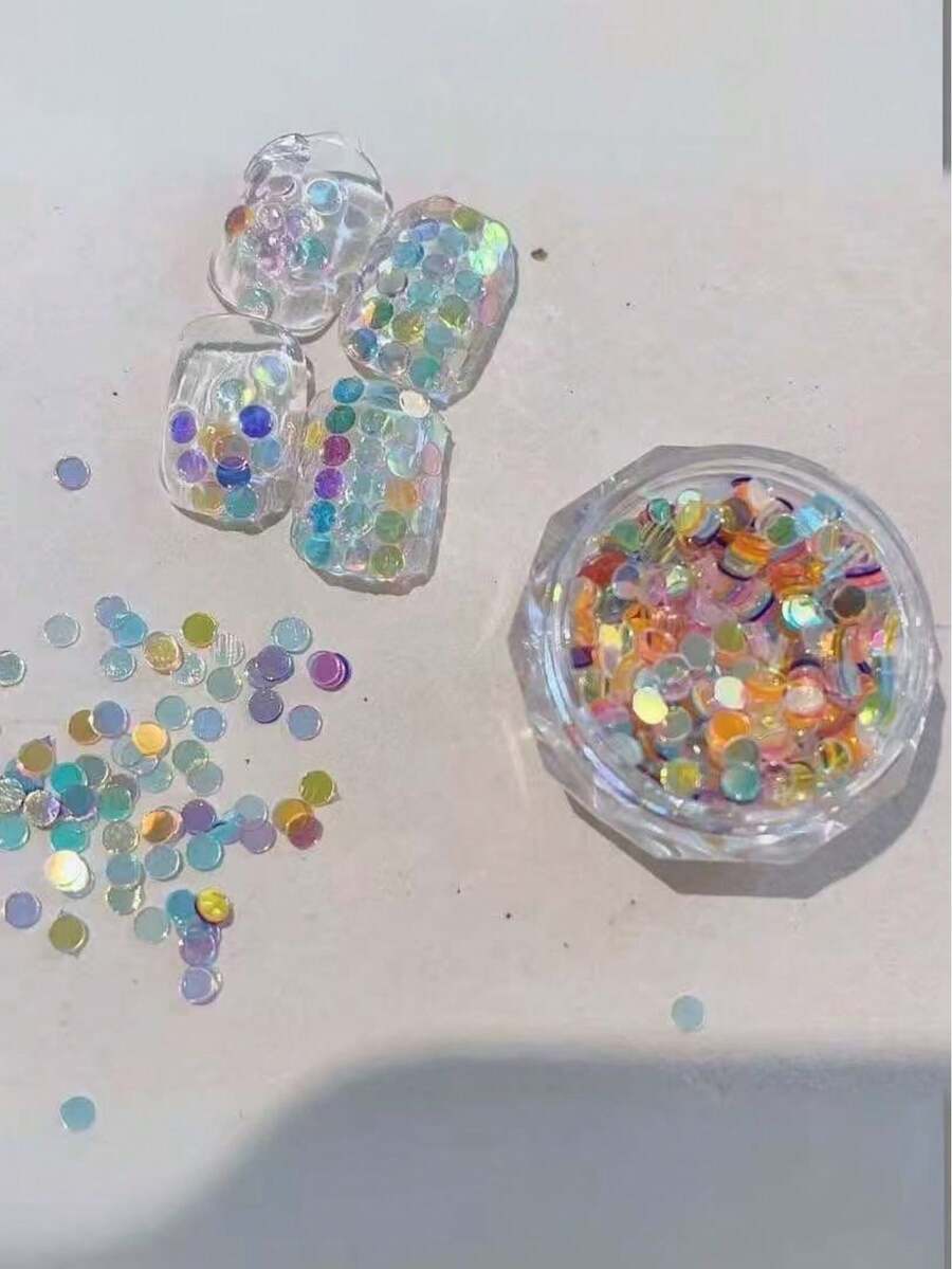 1 Box Holographic Round Sequin Nail Art Decorations, Laser Rainbow Mixed Glitter DIY Nail Stickers, Ombre Decals Nails - Multicolor - View 1