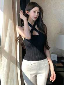 Women's Lightweight Elegant Criss-Cross V-Neck Spaghetti Strap Knit Camisole Top - Black - View 6