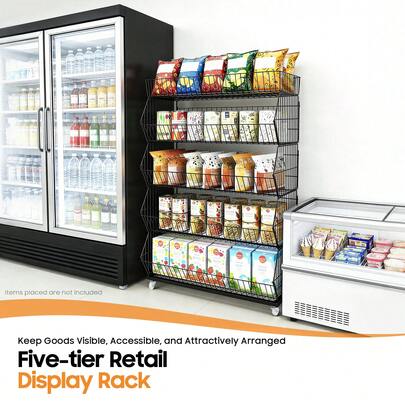 SHIOUCY Black 5-Tier Retail Display Rack 35.4x17.7x55.1in 33.07lbs Per Tier 4 Wheels For Supermarket Store Kitchen Fruit Snack Vegetable Storage Display