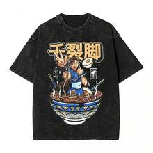 Chun Li Ramen Bowl T Shirt Washed Cotton Oversize T-Shirt S Retro Men Women Tops Streetwear Summer Tee Shirt - 黑色 - 查看 1