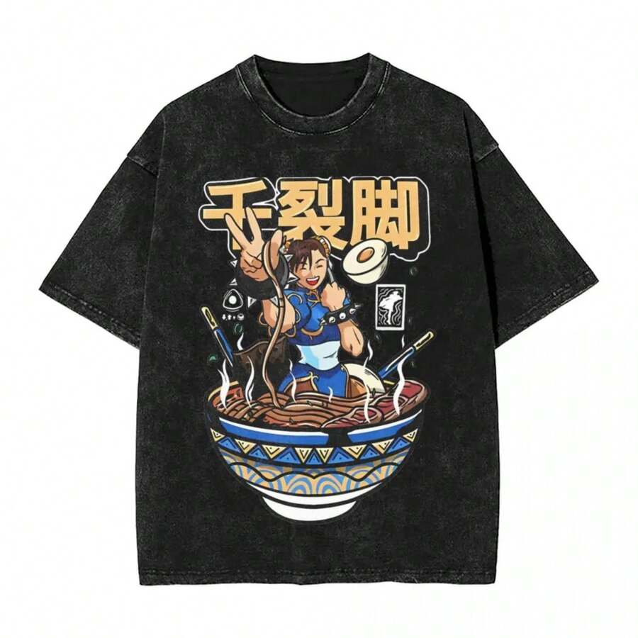 Chun Li Ramen Bowl T Shirt Washed Cotton Oversize T-Shirt S Retro Men Women Tops Streetwear Summer Tee Shirt - 黑色 - 查看 1