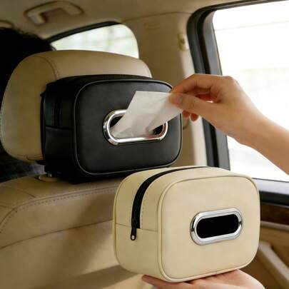กล่องใส่ทิชชู่ติดรถยนต์, กล่องใส่ทิชชู่แบบบังแดด, กล่องลิ้นชักภายในรถยนต์แฟชั่น, อุปกรณ์เสริมรถยนต์สร้างสรรค์พร้อมซิปสำหรับกล่องพักแขน, ที่ใส่กล่องทิชชู่ PU หนังแบบแขวนพนักพิงคงที่