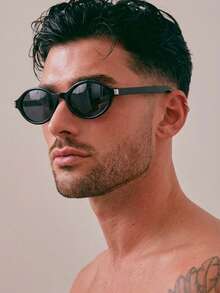 一副男士椭圆形PC镜框复古小框眼镜，个性化穿搭，街头风，时尚 - 亮黑 - 查看 2