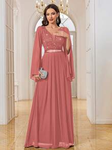 MIUSOL Women's Sequin Floral Lace Patchwork Deep V-Neck Chiffon Long Sleeve Rhinestone Ruched Hem Formal Party Dress Wedding Spring - Dusty Pink - View 5