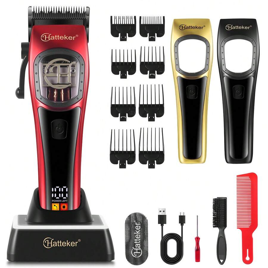 Hatteker 1个高速理发器，磁悬浮马达，专业理发，液晶显示屏，可充电底座 - 紅色 - 查看 1