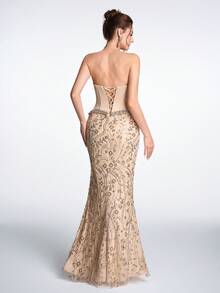 Anymoon 女士优雅水钻亮片花卉图案露背抹胸晚礼服 - 香檳色 - 查看 3
