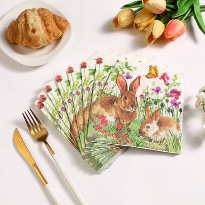 33*33厘米，20张/包，双层春季复活节兔子和野草印花餐巾纸，适合复活节派对装饰