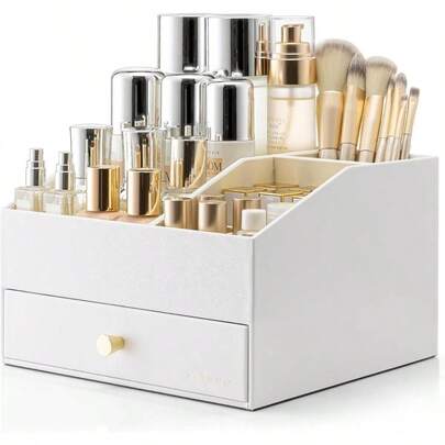 Organizer With 2 Drawers, Vanity Organizers, Large Capacity Leather Cosmetic Organizers Brush, Skincare, Lipstick, Perfume, Bathroom Bedroom Countertop Vanity Dresser, Beige