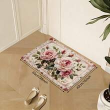 Tapete de entrada com estampa de rosas em estilo campestre francês (1 peça), em flanela com renda europeia, antiderrapante e absorvente, ideal para hall de entrada, banheiro e diversos ambientes. Lavável à máquina e adequado para uso interno e externo. - Multicolorido - Ver 4