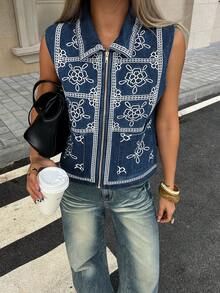 Women's Short Sleeveless Printed Denim Jacket - Dark Wash - View 5