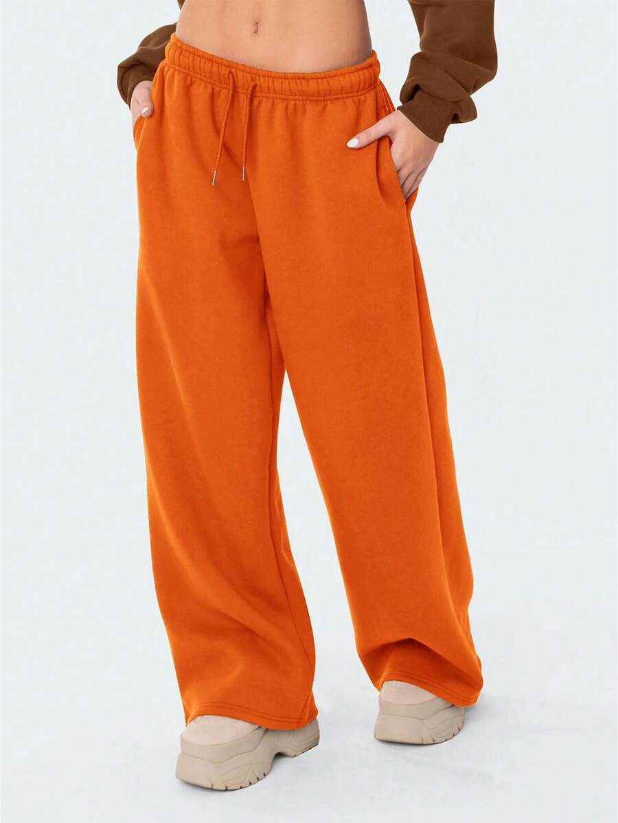 Women's Casual Joggers Sweatpants Solid Color Drawstring High Waist Wide Leg Trousers - Orange - View 1