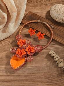 夸张的多层吊坠，手工粗铝线，树脂编织叶形，欧美、非洲、波西米亚、复古铝线亚克力，派对、节日项链和耳环 - 橘色 - 查看 7