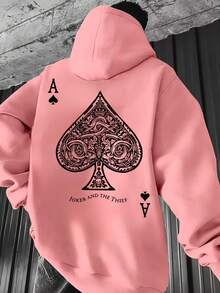 Flannel Hoodie With Playing Cards, Spade Design, Streetwear, Cotton - Hồng - Xem 1
