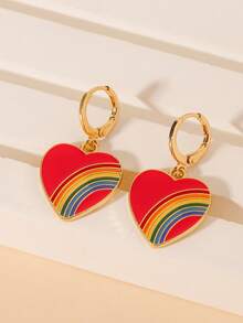 1 par de pendientes colgantes con efecto arcoíris de corazón de aleación, pendientes para parejas/mujeres, regalo para vacaciones y uso diario - Pendientes de aleación con forma de corazón y gota de aceite - Ver 14