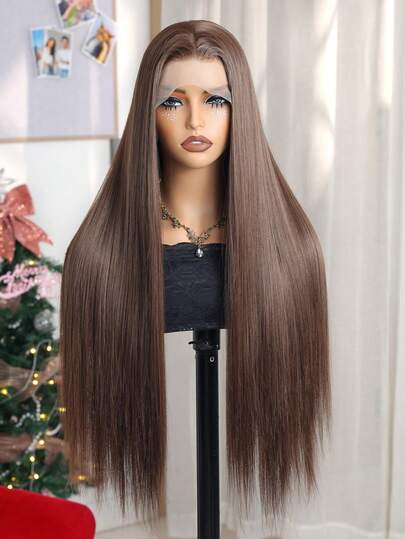 13x4 Lace Front Straight Long Wig, 30 Inch Hairline With Baby Hair, Brown Color, Suitable For Daily, Family Gatherings, Festivals, Parties, Costumes, Made Of Imported Japanese Synthetic Fiber, Women Christmas Gift