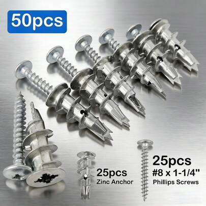 50 Pieces (25 Anchors + 25 Screws)  Self-Drilling Zinc Alloy Drywall Anchors Expansion Screws, Heavy Duty Metal Wall Anchors, Ideal For Strong Mounting In Drywall