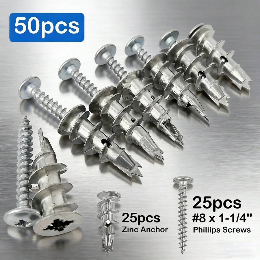 50 Pieces (25 Anchors + 25 Screws)  Self-Drilling Zinc Alloy Drywall Anchors Expansion Screws, Heavy Duty Metal Wall Anchors, Ideal For Strong Mounting In Drywall - 預設 - 查看 1