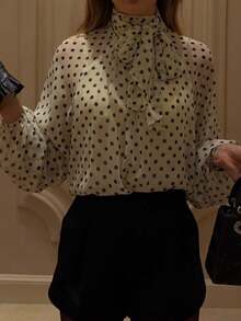 Polka Dot Print Long Sleeve Blouse, Elegant Minimalist Women's Clothing/Valentine's Day Outfit - Beige - View 8