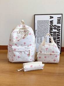 3pcs Fashionable Collegiate Bow Print Backpack Set, Including Backpack, Lunch Bag And Pencil Case, With Laptop Compartment, Adjustable Straps, Multi-Pocket Large Capacity Student Backpack Set, Suitable For Girls/Teens/College Students/Graduates For Daily Use/Vacation/Travel/Back To School - Multicolor - View 13