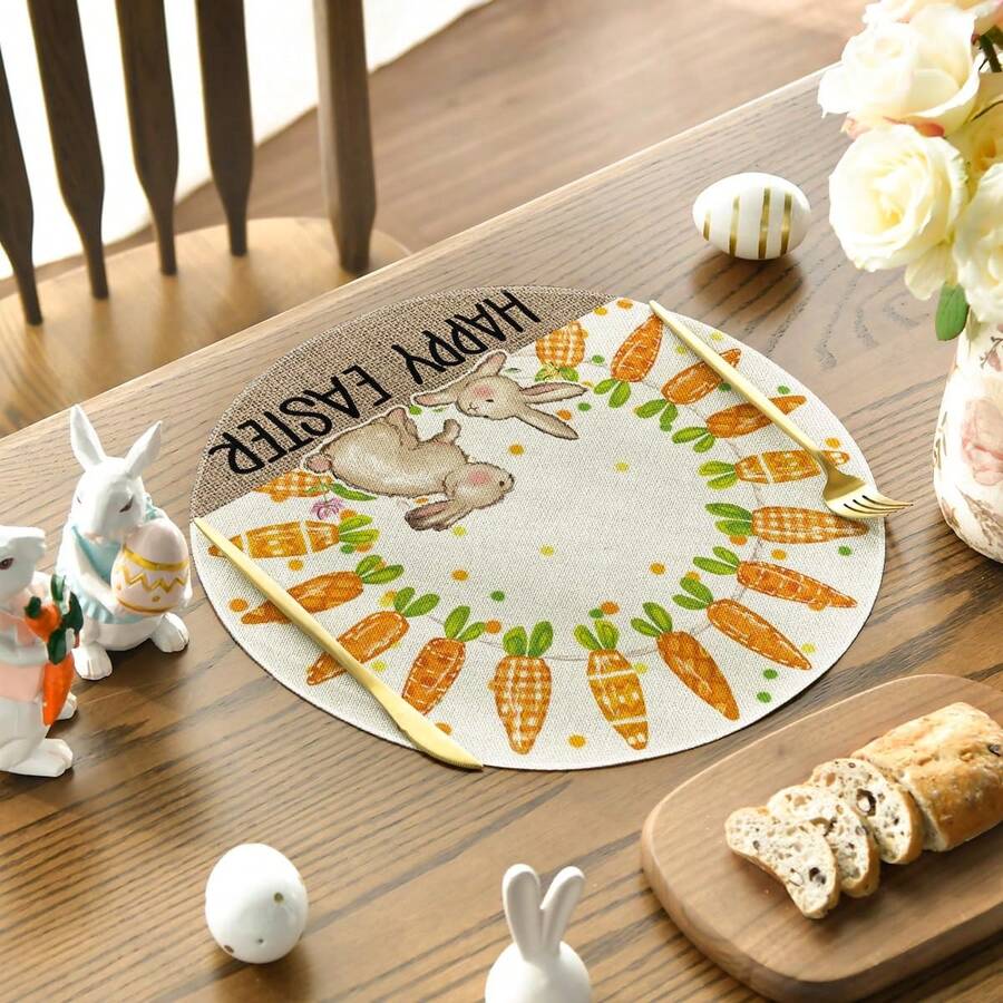 1pc/Set Rabbit, Carrot, Easter Spring Linen Placemat, 35cm Round Seasonal Kitchen Dining Table Decor, Easter Home Decoration - Multicolor - View 1