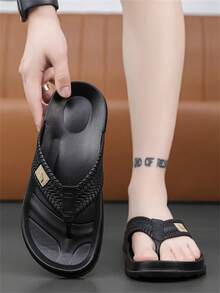 Chanclas para hombres, sandalias casuales de verano tipo chancla, pantuflas de playa de moda sencillas - Negro - Ver 5