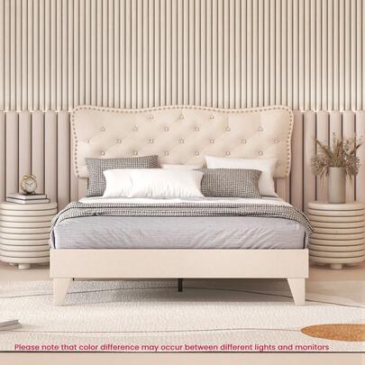  COSTWAY Double Size Bed Frame, Modern Linen Upholstered Platform Bed Frame With Button Tufted Headboard, Wooden Slats Support Mattress Foundation, Easy Assembly, No Box Spring Needed, Beige