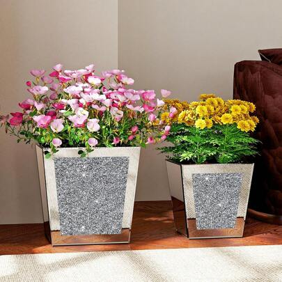 Luxurious Crush Planter Set Of 2, Silver Trapezoid Planters, Elegant 13.78 & 11 Mirrored Flower Pots Indoor Plants