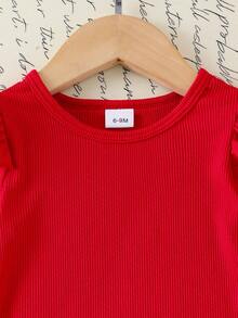 2pcs/Set Baby Girls Casual Red Ribbed Ruffle Sleeve Top And Heart Print Bow Waist Denim Pants Set - Red - View 4