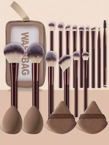 开斋节20支/套全套化妆刷，包含15支柔软的化妆刷，例如散粉刷、腮红刷、修容刷、高光刷、粉底刷、鼻影刷、眼影刷、眉刷、唇刷和细节刷，另加1个旅行防水化妆包、2个三角海绵和2个液体美妆蛋，适合初学者、专业化妆师和新手美妆爱好者使用。 - 彩色 - 查看 7