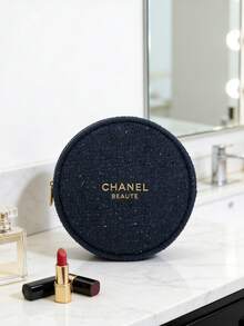 CHANEL Limited Edition Navy Blue Chunky Tweed Cosmetic Bag, Adorned With Gold Logo And Gold Camellia Zipper Pull, A Luxurious Makeup Pouch - Navy Blue - View 4