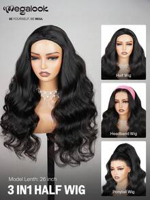 MEGALOOK 这款水波纹半头假发，100%真人发丝，180%密度，三合一无缝翻转式半头假发，带抽绳，隐形发际线，无需胶水，即戴即走，适合初学者，26英寸自然色，升级版发箍假发 - 自然逼真，适合日常佩戴，也适合办公室、僵尸新娘、万圣节、派对、Y2K、坏女孩、度假、户外角色扮演、校园、学校假期、圣诞节、派对、婚礼、节日等场合。 - SNatural - 查看 6