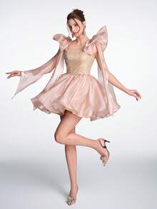 Anymoon Fairy 奢华甜美性感露背薄纱蝴蝶结立体缎面3D蕾丝串珠镂空系带后背褶皱薄纱舞会礼服，适合婚礼招待会、订婚派对、毕业舞会、公司晚宴、斋月庆祝活动 - 香檳色 - 查看 2