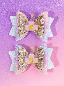 2pcs Glitter Castle Hair Accessories For Girls, Shiny Ombre Bow Hair Clips, Cute Princess Hair Pins, Holiday Gift For Teens - Multicolor - View 5