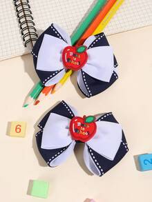 2件装蓝白相间布艺蝴蝶结发饰，苹果形发夹，时尚学生妹少女朋友日常节日派对礼物发饰 - 彩色 - 查看 3