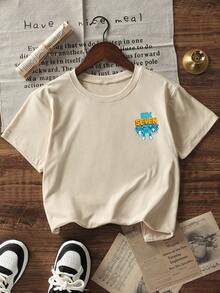 Tween Boys Casual Printed Crew Neck Short Sleeve T-Shirt, Summer Top - Apricot - View 6