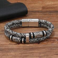 1 pieza Pulsera de cuero negro, pulsera de doble capa con cierre magnético de cuentas, accesorio de moda para hombres - Pulsera - Ver 2