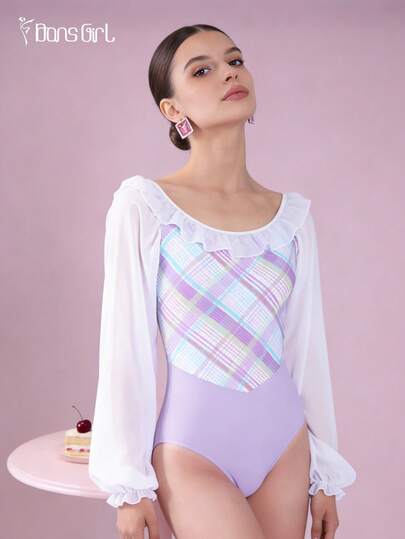 DonsGirl 1件女士优雅芭蕾舞紧身衣 - 经典V领拼接设计天鹅绒芭蕾舞服，节日派对礼物