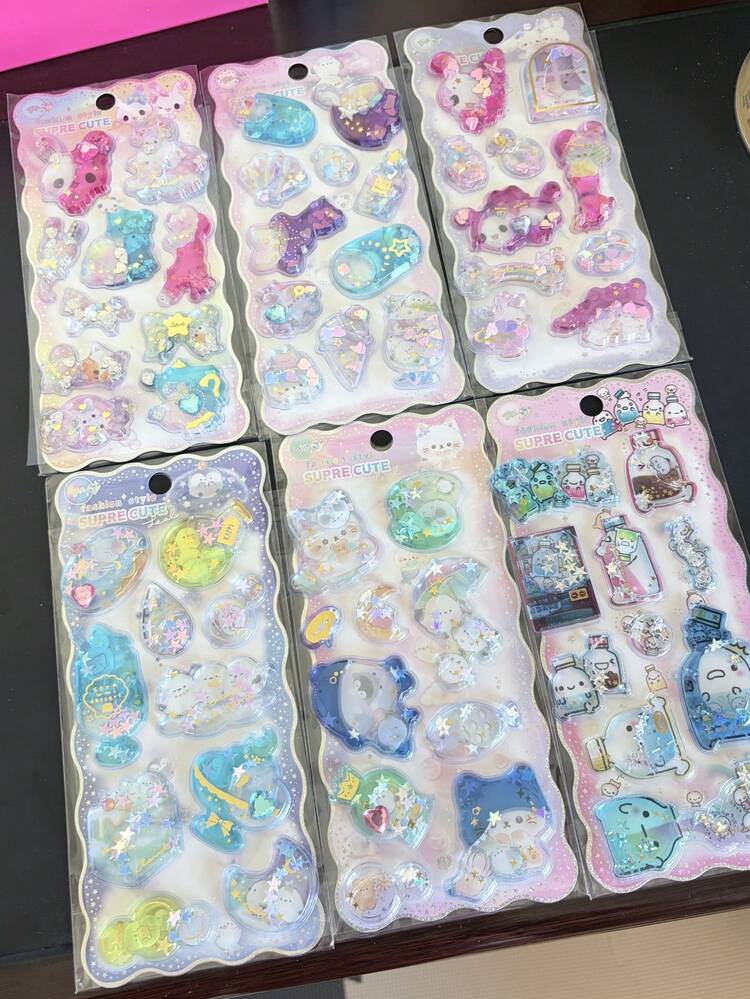 かわいいウサギ、子猫、ウォーターボトル、星グリッター 3Dシェイカーステッカー、楽しいステッカー交換 - マルチカラー - 見る 9